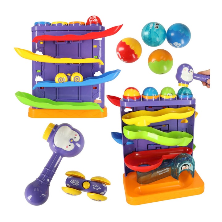 Oktató játékcsúszda, labdákkal és kalapáccsal