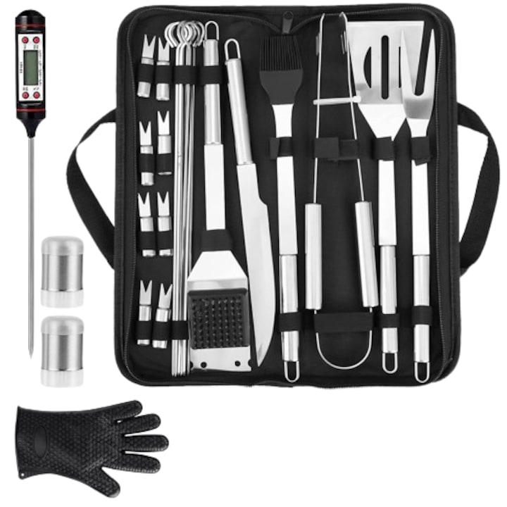 Grill eszköz készlet, 24 részes, rozsdamentes acél, digitális hőmérővel és hordozható dobozzal
