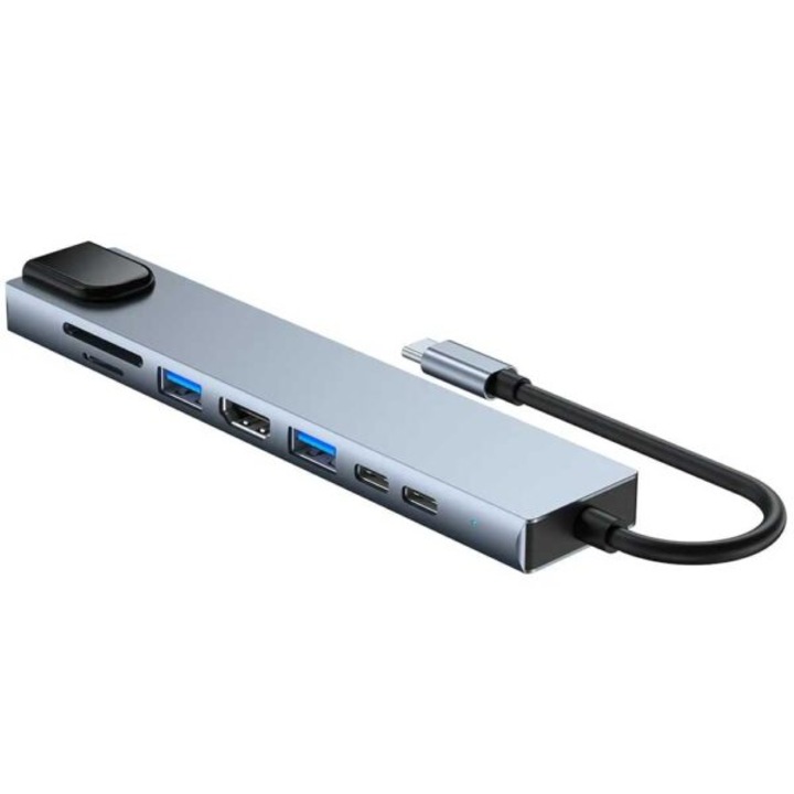 Hub Adaptor Multiport 8 in 1, USB-C la HDMI 4K / LAN RJ45 Ethernet / Type C Port / USB 3.0 / Power Delivery Port 87W / TF si SD Card Reader