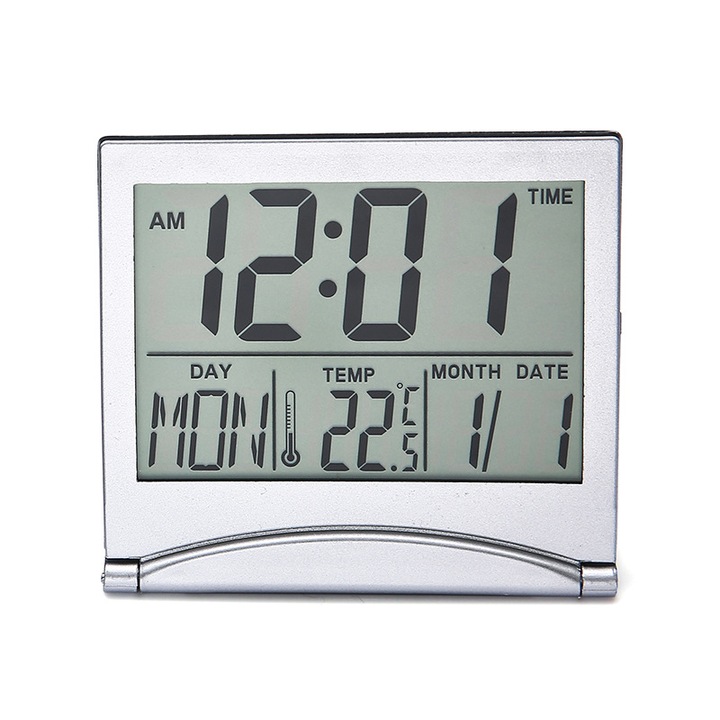 Ceas de birou LCD portabil, alarma digitala, design compact, termometru, 8.5x7.8cm