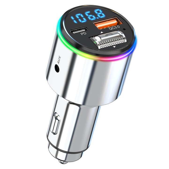 JESWO FM модулатор, Bluetooth 5.3, бързо зареждане PD 30W+QC3.0 18W, AUX, сребрист