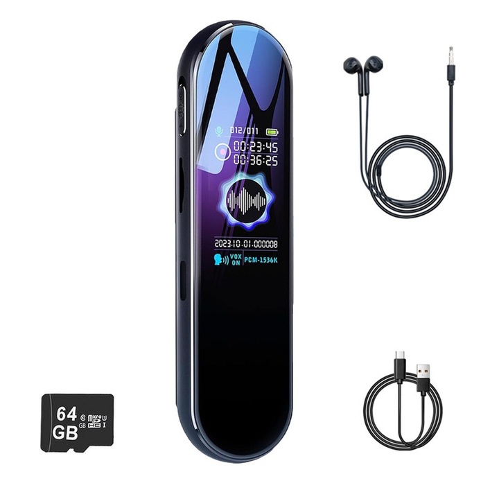 JESWO Диктофон, 64 GB, намаляване на шума, запис 1536 Kbps, черен, 9,5x2,5x1,1 см, USB