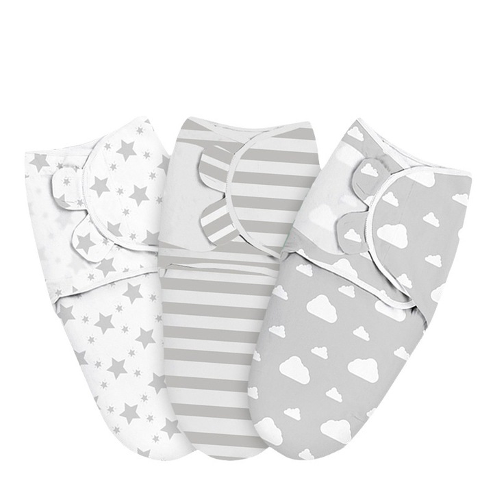 Set 3 paturi de infasat bebelusi, Bumbac organic, 56 x 73 cm, Alb/Gri