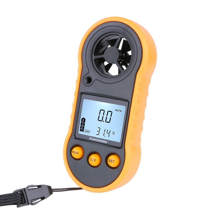 Anemometru digital, pentru masurarea vitezei vantului si a temperaturii, cu ecran LCD iluminat din spate, pentru trageri, HVAC, zbor cu drona, windsurfing si pescuit