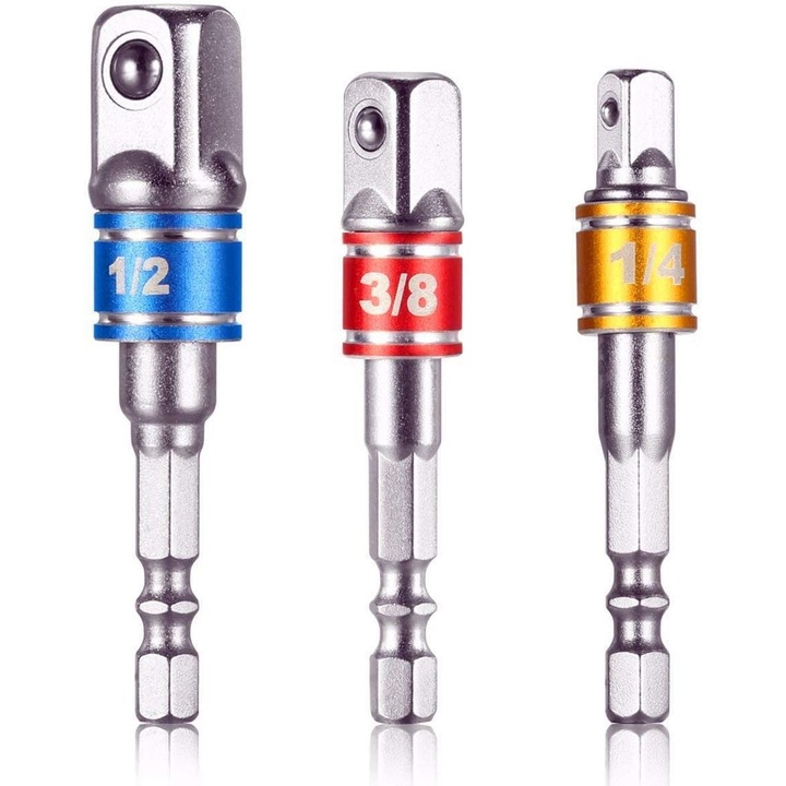 Set de adaptoare pentru prindere patrata 1/4", 1/2", 3/8" Enforose, otel crom-vanadiu, rezistent la uzura, lungime 65mm, 72mm