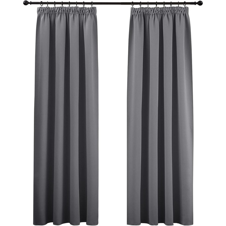 Set 2 Perdele cu banda rejansa, PONY DANCE, 140 x 260 cm, Opace, Blackout, pentru Intunecarea camerei, Protectie termica si lumina, perfect pentru Ferestre si Usi Dormitor/ Living, Gri inchis