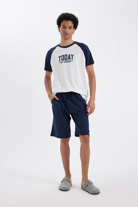DeFacto, Tricou cu imprimeu si maneci raglan, Alb/Bleumarin
