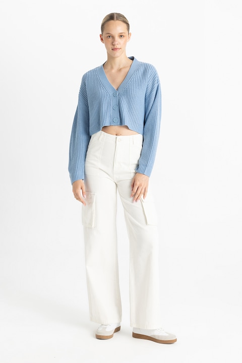 DeFacto, Cardigan crop cu decolteu in V, Albastru pastel, XS