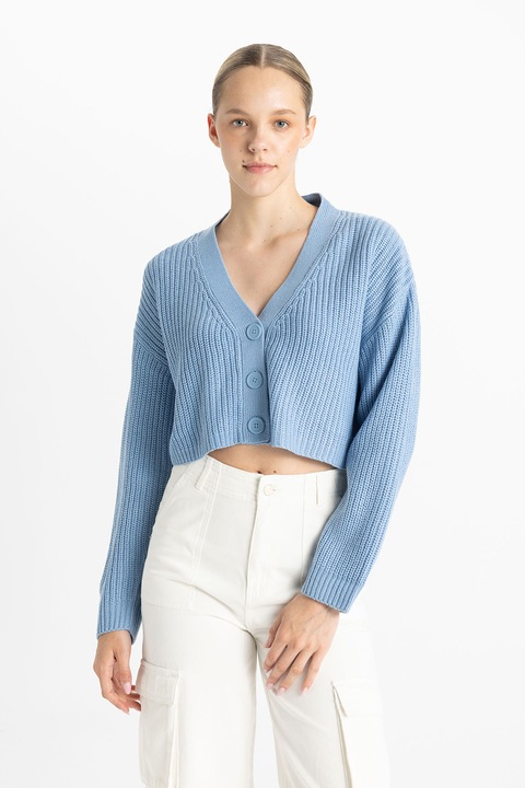 DeFacto, Cardigan crop cu decolteu in V, Albastru pastel, XS
