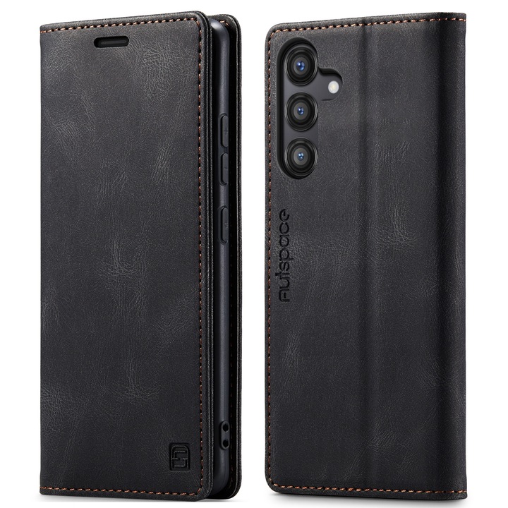 Калъф за Samsung Galaxy A55, CaseMe Retro, тънък, кожен, тип портфейл, стойка, магнитно закопчаване, мека текстура, RFID защита, Черен