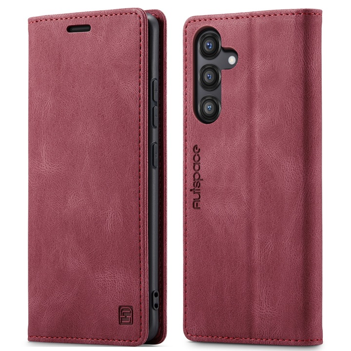 Калъф за Samsung Galaxy A55, CaseMe Retro, slim кожен, тип портфейл, стойка, магнитно закопчаване, мека текстура, RFID защита, Червено