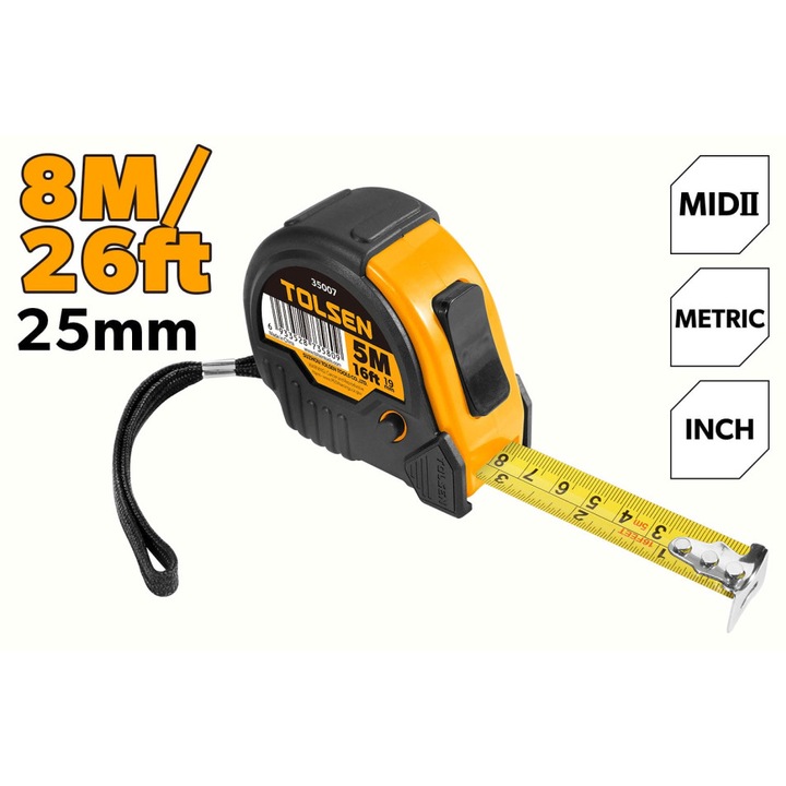 Ruleta cu lama metrica si inch TOLSEN, 8m x 15mm, precizie clasa MID II, carcasa ABS rezistenta, 3 butoane de blocare, clema centura
