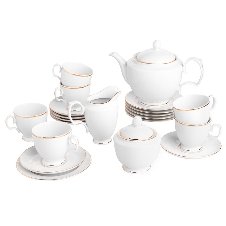 Set 21 piese serviciu pentru cafea, MARIAPAULA, portelan, alb\auriu, pentru 6 persoane