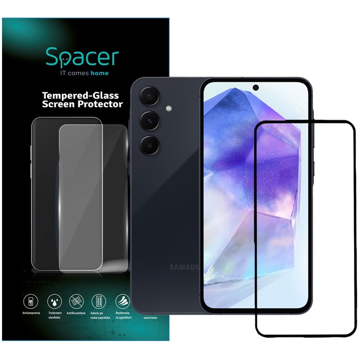 Folie de protectie Spacer pentru Samsung Galaxy A55, grosime 0.3mm, Tempered Glass, sticla 9D, duritate 9H