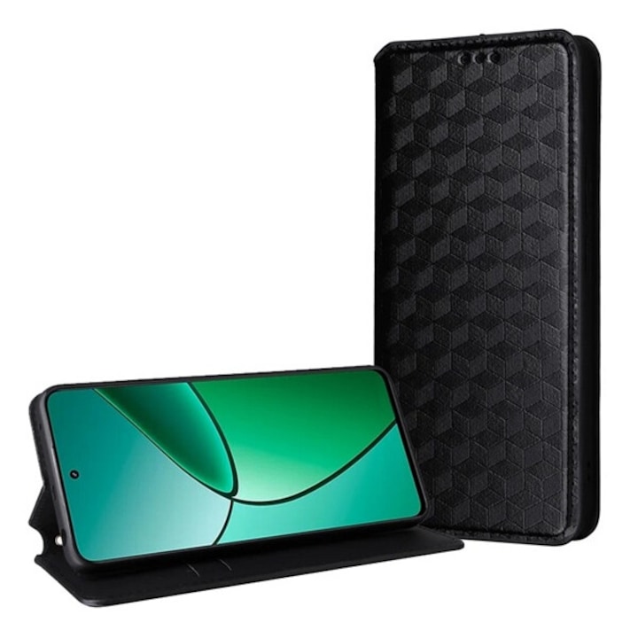 Gigapack mobiltelefon tok álló, bőr hatású, flip, oldalra nyíló, asztali tartó, teljes 3d rombusz, prémium, fekete, kompatibilis: TCL 50 Pro NxtPaper / 50 NxtPaper