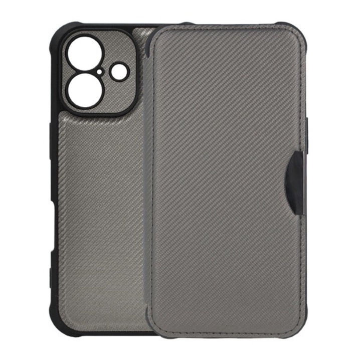 Gigapack mobiltelefon tok álló, bőr hatású, flip, oldalra nyíló, ütésállóság, légpárnás sarok, kameravédő, karbon minta, ezüst, kompatibilis: Apple iPhone 16 Pro