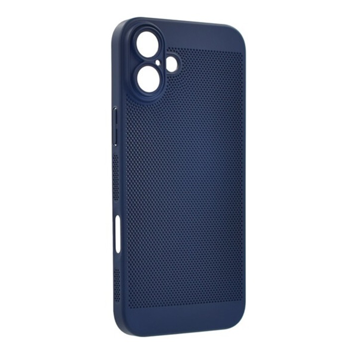 Gigapack műanyag mobiltelefon tok, légáteresztő, lyukacsos, kameravédő, sötétkék, kompatibilis: Apple iPhone 16 Plus