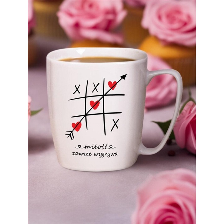 Cana porcelana "MILOSC ZAWSZE WYGRYWA" Nadwyraz, 380ml, alb, set cadou