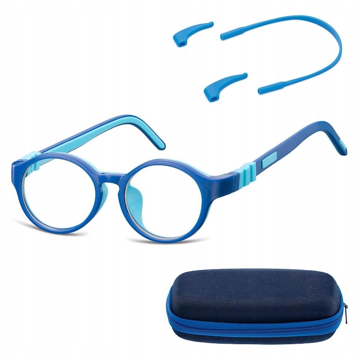 Set ochelari de vedere si husa pentru copii, Sunoptic K7A, poliamida, elastici, reglabili, albastru, 42x16x128mm