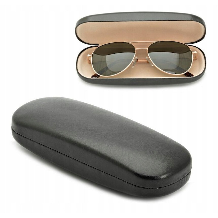 Etui ochelari Stylion, husa protectoare dura, din piele ecologica, culoare negru mat, cu interior moale, universal, pentru ochelari de vedere si de soare, rezistent la zgarieturi, design elegant, portabil si practic
