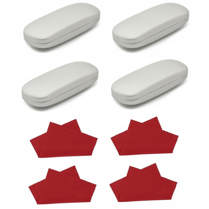 Комплект от 8 калъфа за очила Stylion STHC-13D, сребърен, 16,3x3,9x6,3 см + микрофибърни салфетки, тъмночервен, 15x10 см