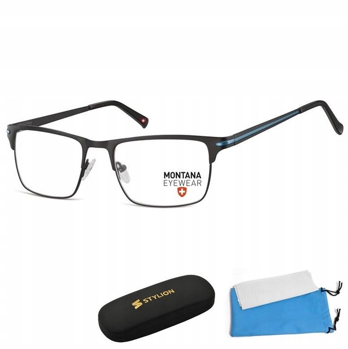 Rame ochelari de vedere Montana MM604A unisex, flexibili, negru cu banda albastra, eleganti, otel inoxidabil rezistent, lentile demo, design ergonomic cu balamale FLEX, protectie UV400, dimensiuni 54-19-140mm