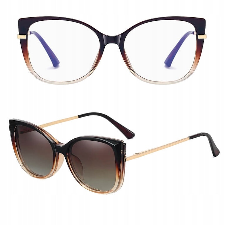 Set ochelari de vedere pentru femei si lentile polarizate clip=on, Stilion, model Cat Eye, filtru Blue Light, +0.00, 54x17x141mm, Maro