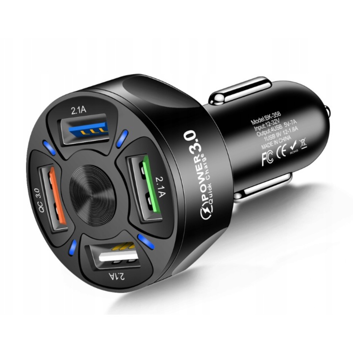 QC 4xUSB autós töltő és fekete micro usb / lightning / type-c kábel
