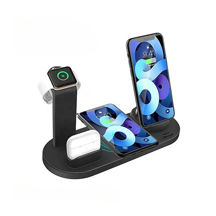 Incarcator Wireless 6 In 1, tovive®, Incarcare Rapida 15W, MagSafe, Compatibil cu Smartwatch, Apple Watch, Casti, Airpods, Smartphone, Toate Modele Iphone, Android, Samsung, Huawei, Xiaomi, Multifunctional, Adaptor Universal, Negru