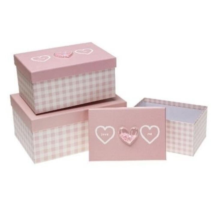 Set 3 cutii cadou Rozette, roz, 19x13x9cm, 22x15x11cm, 26x18x12cm