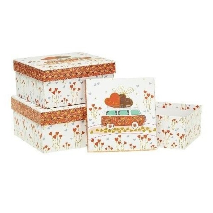 Set 3 cutii cadou Rozette, patrate, dimensiuni S:15.5x15.5x7.5cm, M:18x18x8.5cm, L:20x20x9.5cm