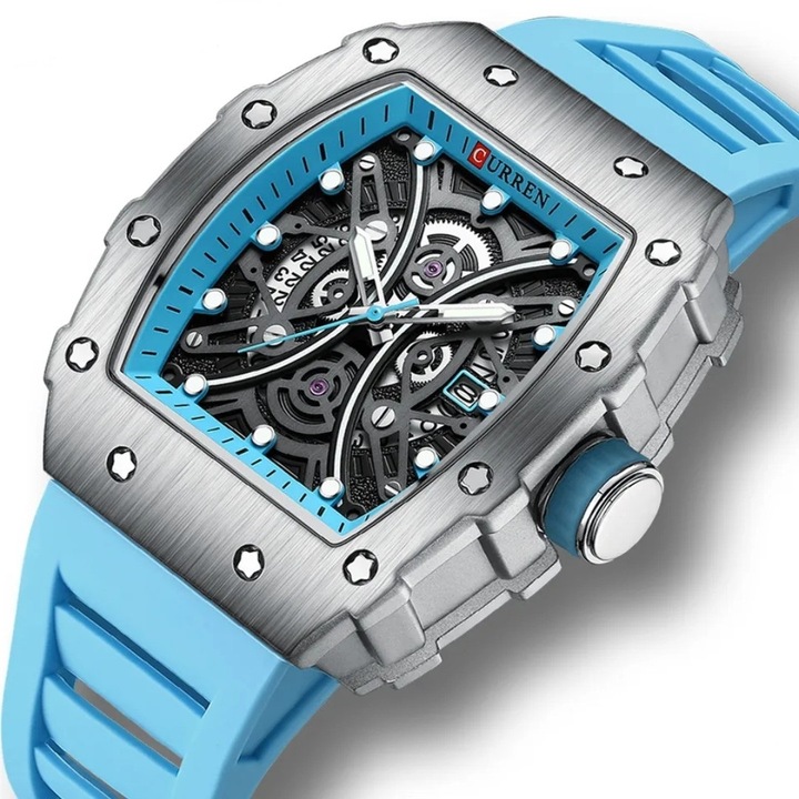 CURREN férfi karóra, japán kvarc, megerősített ásványi üveg, analóg kijelző, kronográf, naptár, világoskék