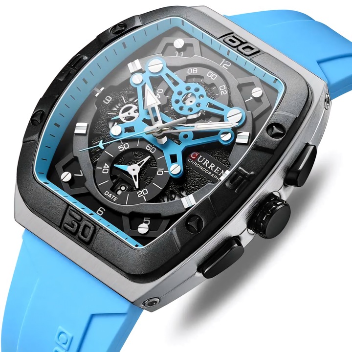 Ceas barbatesc CURREN, cuart japonez, sticla minerala, cronograf, ace luminescente, albastru deschis