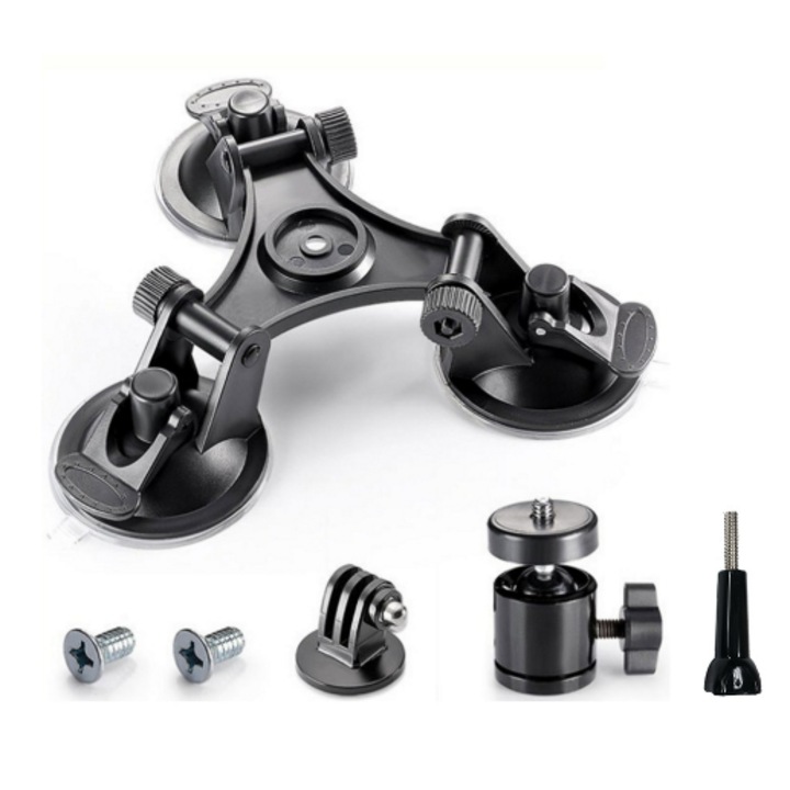 Suport auto cu ventuze triple pentru camere GoPro, DJI OSMO, rotire 360, negru
