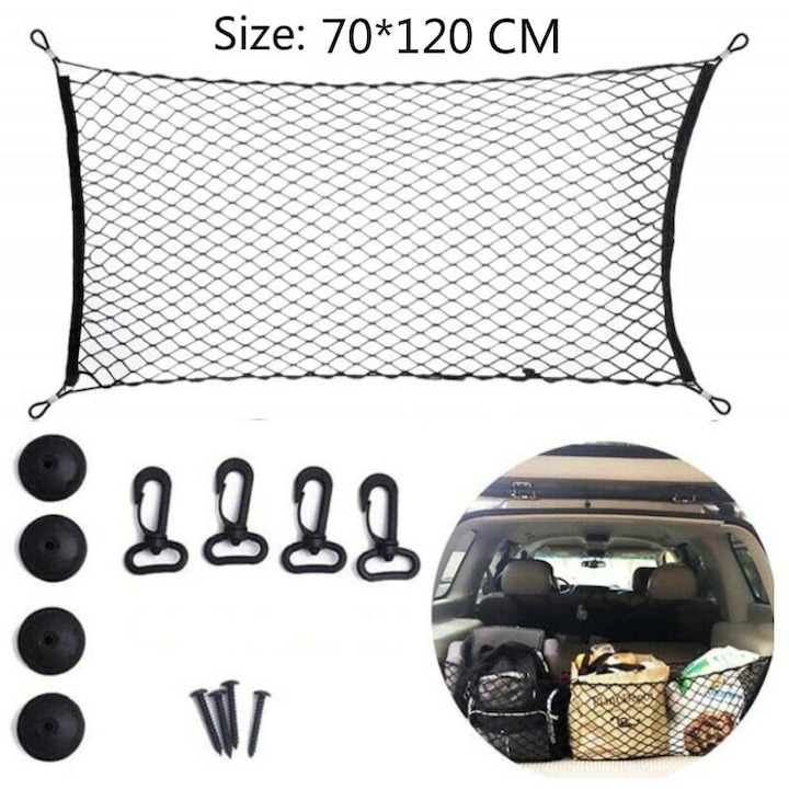 Мрежа за багажник, еластична, 120х70 см, с кукички и катарами, черна