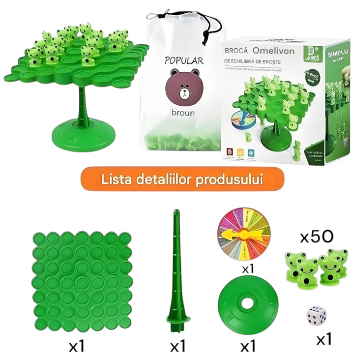 Joc de echilibru cu broaste, educativ, interactiv, verde, pentru copii 4+ ani,14cm X 7cm, Omelivon®