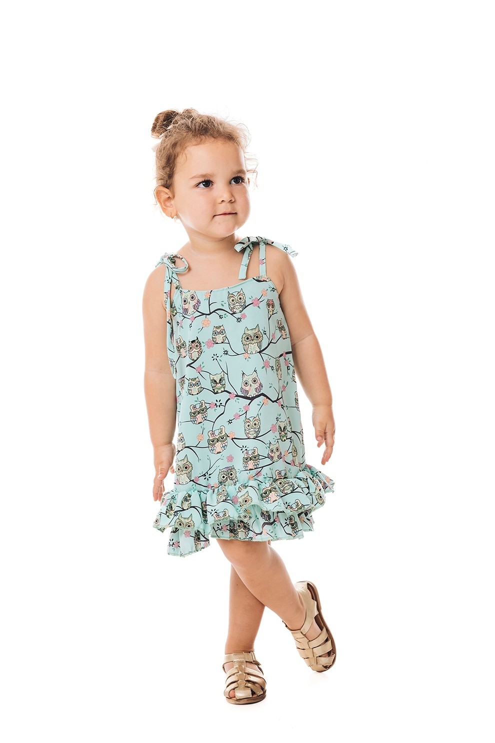 CHARMONY, Rochie cu imprimeu grafic si terminatie cu volan, Verde, Albastru glaciar, 116-122 CM