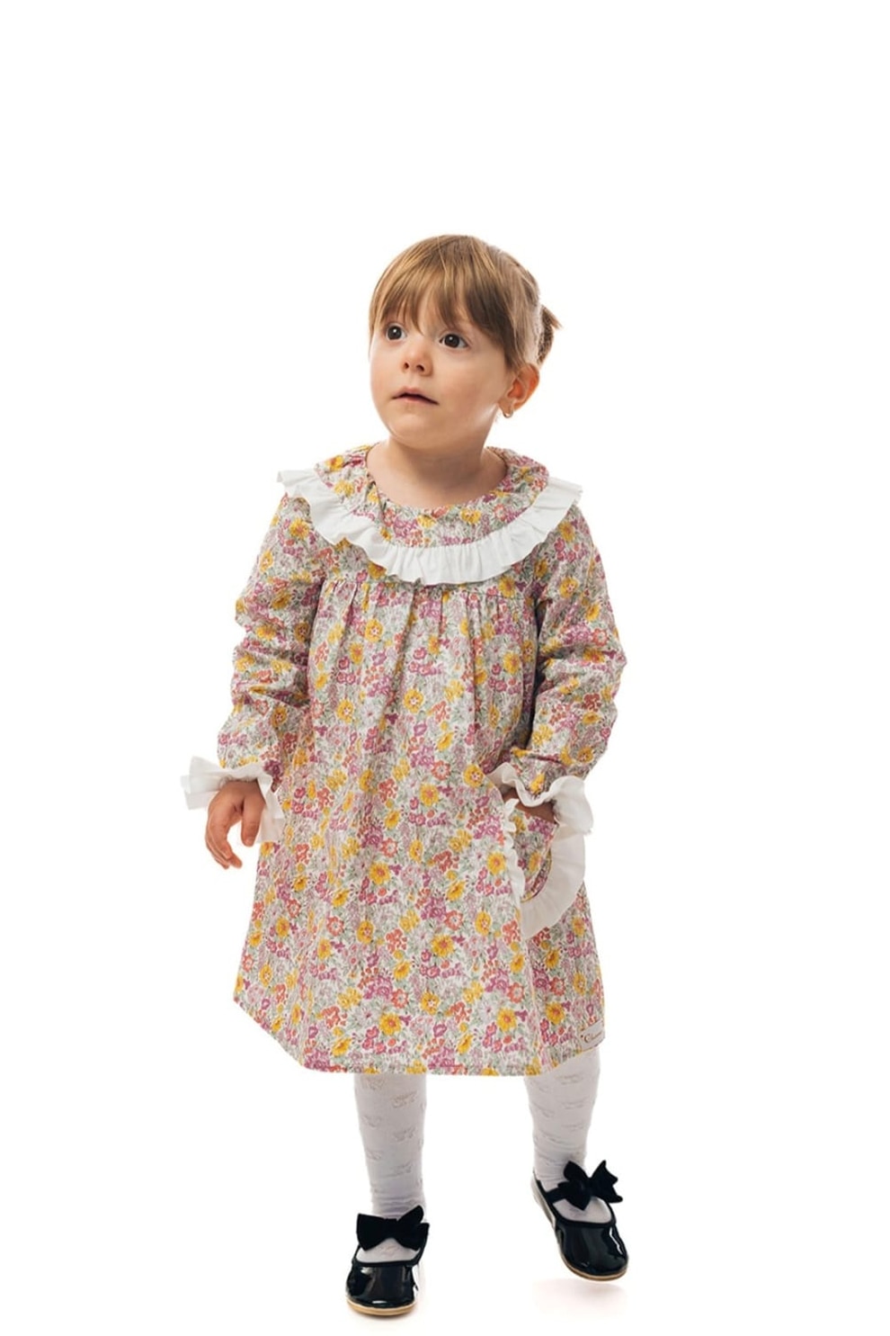 CHARMONY, Rochie cu model floral si volane, Verde, Galben, Roz, 74-80 CM