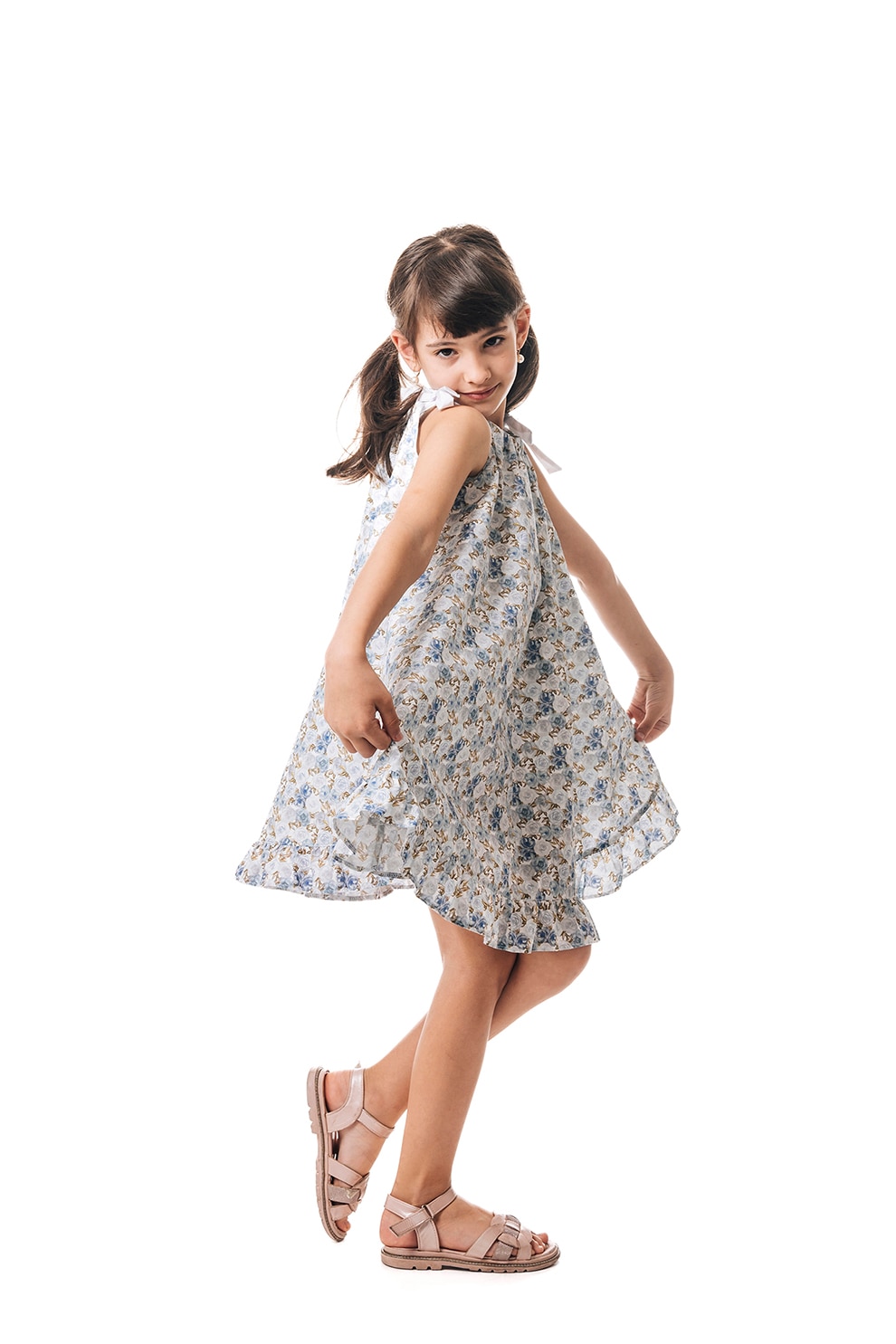 CHARMONY, Rochie mini evazata din bumbac, Verde, Albastru glaciar, 140-146 CM