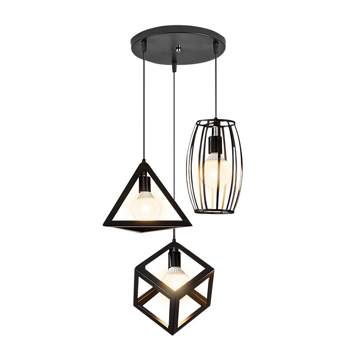 Винтидж полилей, DEYKAY, триъгълен метален абажур, LED, E27, желязо, 230V, 5W, 3 кабела за окачване 90 см, регулируеми, за кухня, спалня, стая, всекидневна, открито, топъл цвят