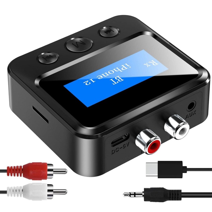 Adaptor Bluetooth receptor audio 2 in 1, MOSMAOO®, Bluetooth 5.0, Intrare stereo AUX de 3, 5 mm, Negru