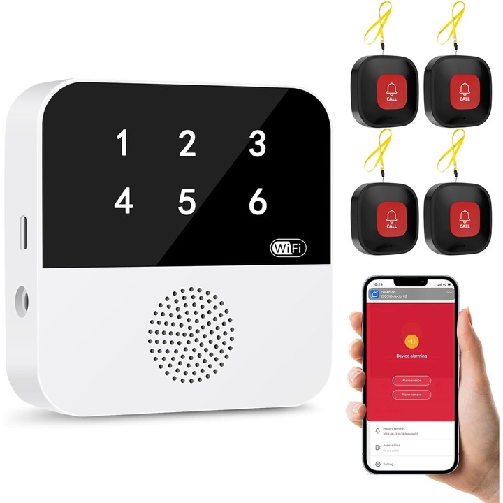 Алармена система Care, WALALLA, 4 черни бутона за повикване, приемник, WiFi, водоустойчив, 90dB