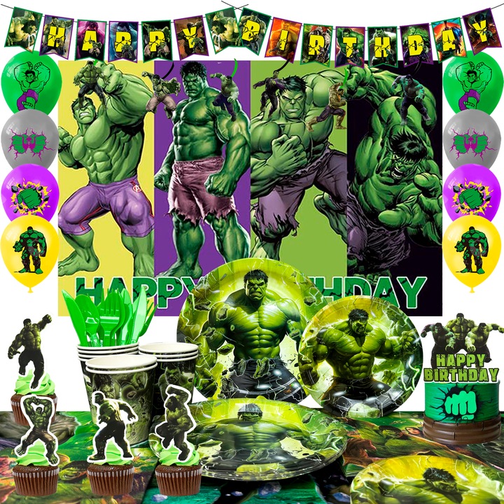 Set Accesorii Petrecere Hulk, 112 piese, Decoratiuni si Vesela, Balon, Fundal, Farfurii, pentru Petrecerea de Ziua de Nastere