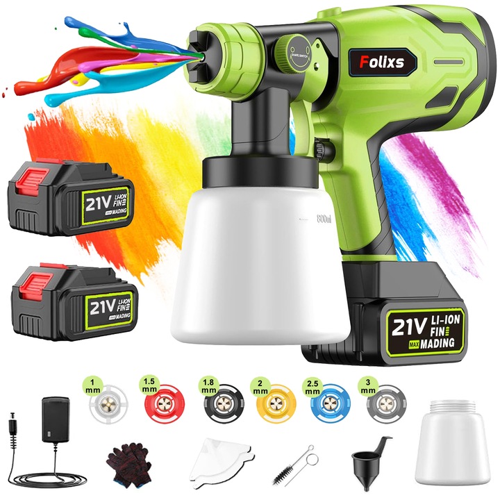 Festőpisztoly akkumulátoron, Folixs®, 21 V, 2000 mAh, 2 elem, 3 permetezési mód, 800 ml-es edény, 5 festékfúvóka, áramlási sebesség 0-1200 ml/perc, zöld
