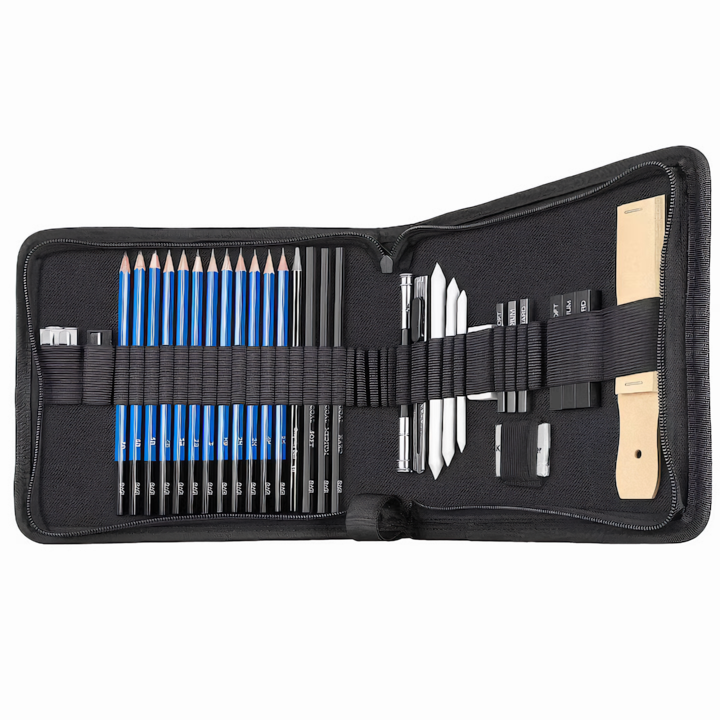 Trusa profesionala pentru schite VarioShop®, set desen cu 32 elemente, grafit, carbune, creioane, geanta inclusa, Negru