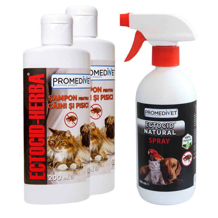 Pachet spray Antiparazitar Herba Natural cu extract din Plante, 500ml si Sampon Ectocid Herba, 2x200ml, pentru Caini si Pisici