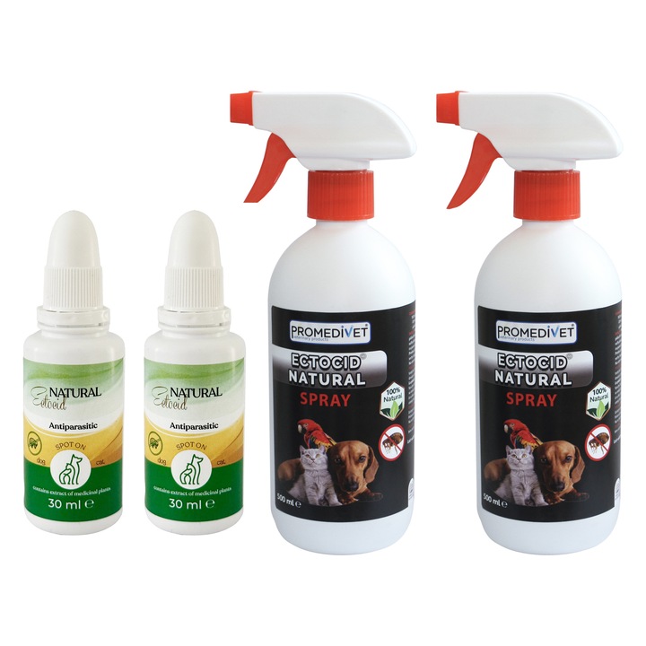 Pachet Antiparazitar Picaturi Ectocid Natural Spot On cu extract din plante medicinale impotriva Capuselor, Puricilor, Paduchilor, Scabiei, Mustelor, Tantarilor, Furnicilor, Viespilor 2x30ml si Spray Ectocid Natural 2x500ml, pentru Caini si Pisici