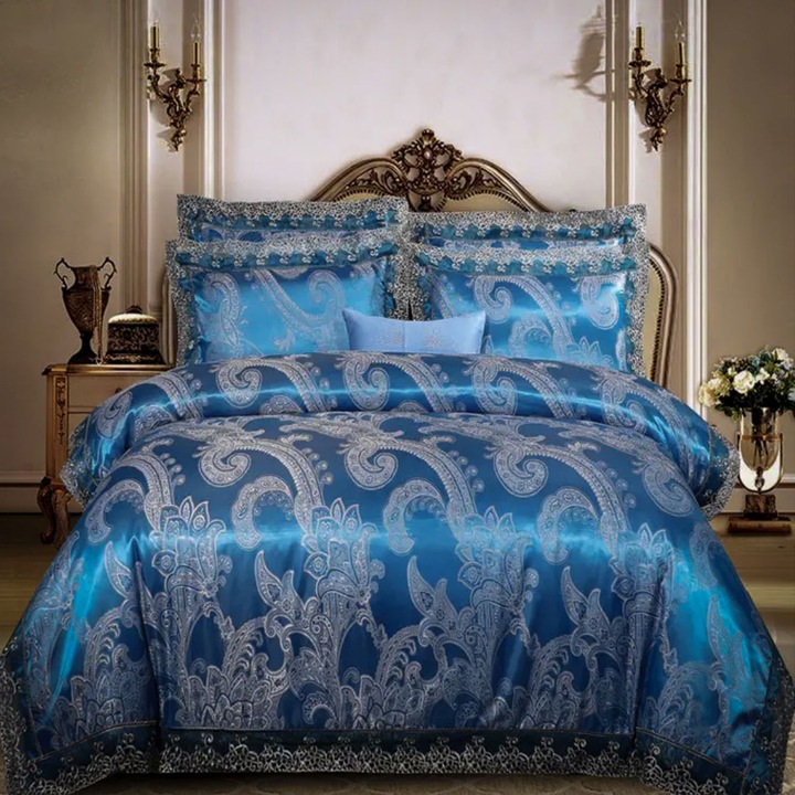 Set lenjerie de pat dublu, Saten Luxury, 6 piese, Albastru cu imprimeu, contine, cearceaf pilota 200/230 cm, cearceaf pat 230/250 cm, 2 fete perna 50/70 cm, 2 fete perna 70/70 cm