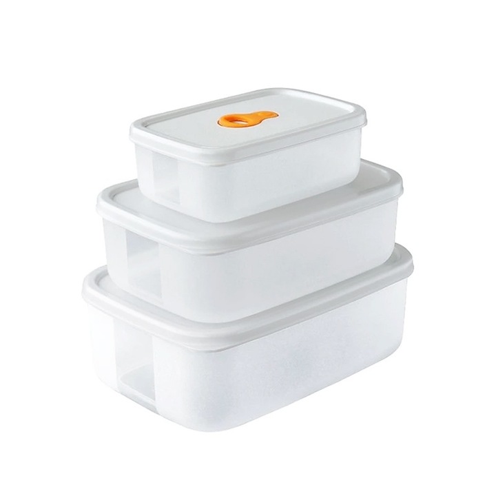 Set 3 cutii alimentare, NAXSIR, dreptunghiulare, depozitare si pastrare alimente, stivuirile, pentru frigider/congelator/cuptor cu microunde, 310 ml, 715 ml, 1050 ml, transparent, alb