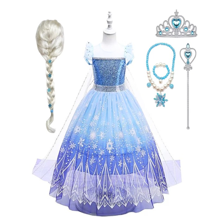 Elsa Frozen 2 ruha gyerekeknek, szett parókával, ékszerekkel és kiegészítőkkel, ANUTETOUNI, hókirálynő, prémium szövet, 7-8 év, 130 cm, kék/lila/fehér